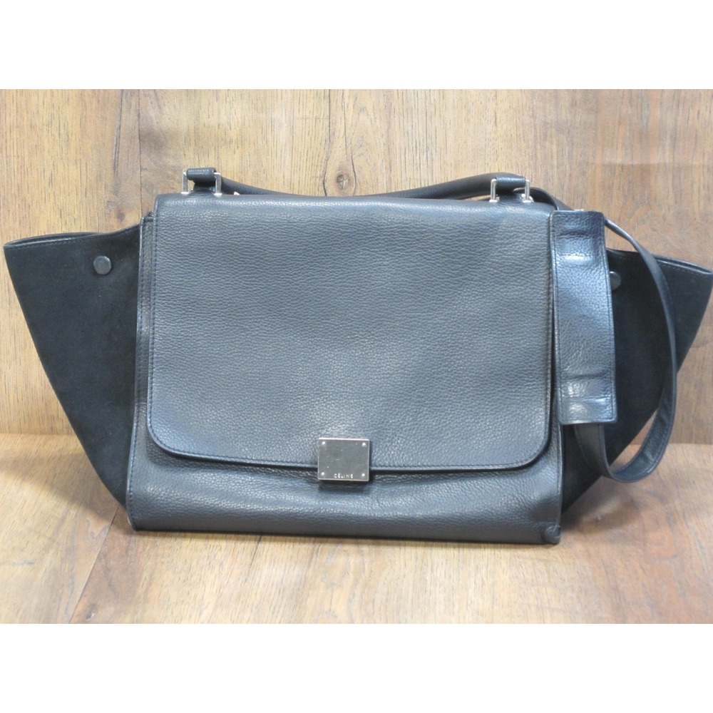 Celine Trapeze Medium Black Leather, Suede Bag w/ Shoulder Strap Silver Hardware